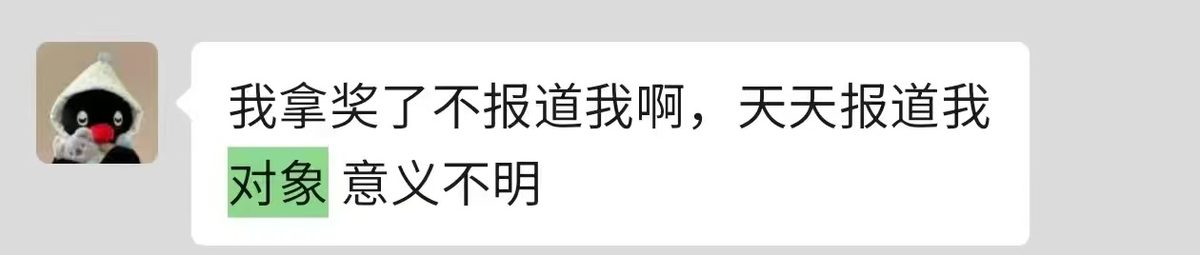 单条聊天气泡："我拿奖了不报道我啊，天天报道我对象 意义不明"