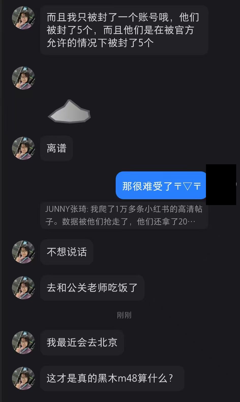 DM 截图:zhilin "而且我只被封了一个账号哦,他们被封了 5 个,而且他们是在被官方允许的情况下被封了 5 个 / 离谱";原组长 "那很难受了 T▽T";zhilin 引用原组长 "我爬了 1 万多条小红书的高清帖子。数据被他们抢走了,他们还拿了 20…";zhilin "不想说话 / 去和公关老师吃饭了 / 刚刚 / 我最近会去北京 / 这才是真的黑木 m48 算什么?"